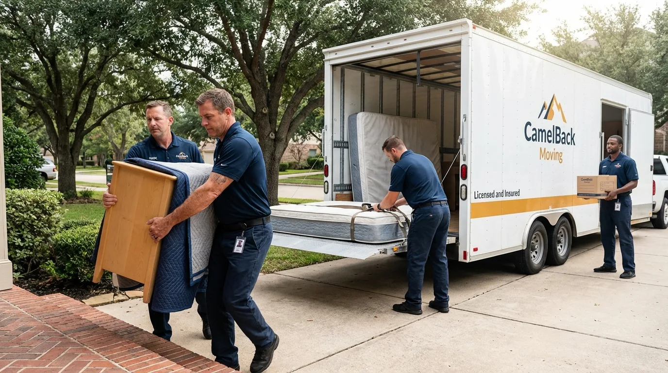 Crew loading residential truck for cross-state move from Santa Paula, CA