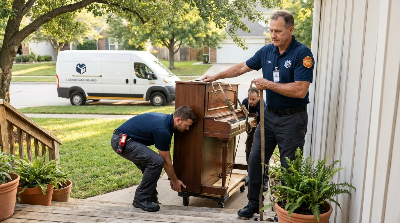 Licensed piano movers securing grand piano in Santa Paula, CA