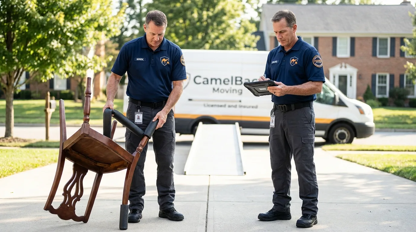 Movers inspecting furniture for damage prevention before loading in Santa Paula, CA